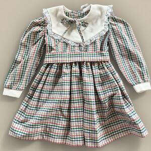 Vtg Dress Toddler Girl 4T Green Long Sleeve Lace Bib Collar Plaid Christmas Bow